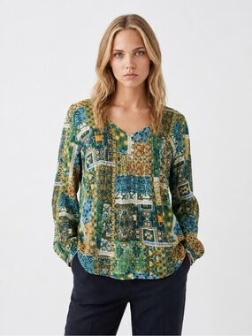 Jane & Delancey Blouse Patchwork Design Metallic Accent - Size M